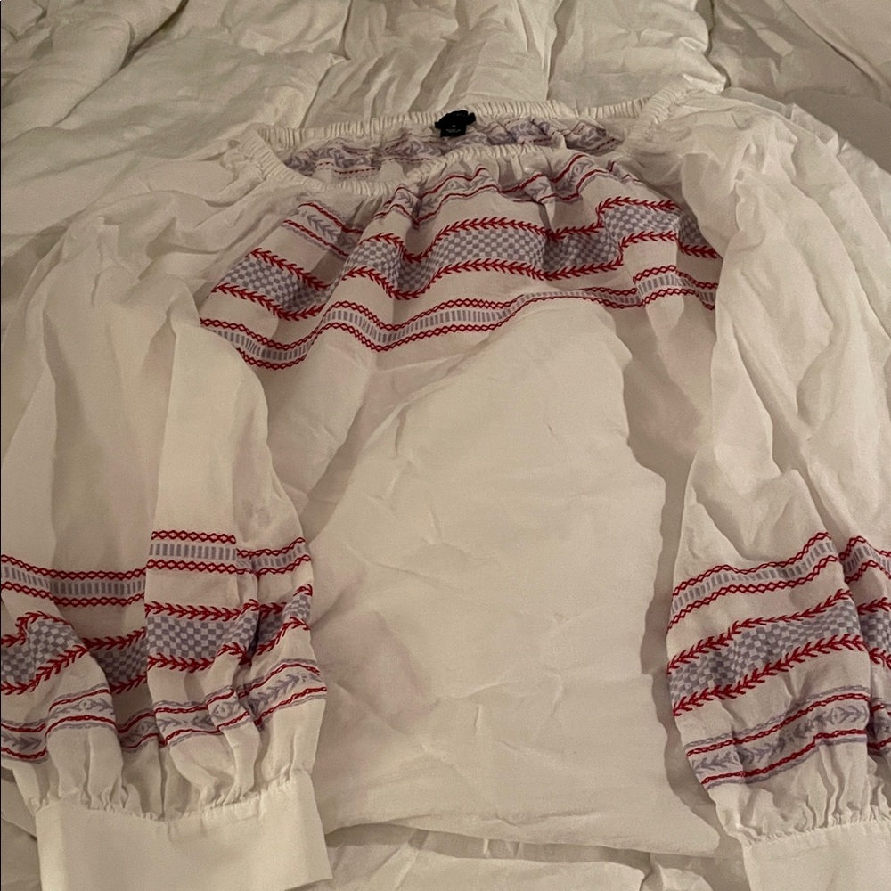 Ann Taylor White Peasant Cotton  Blouse with orange and purple Embroidered Trim